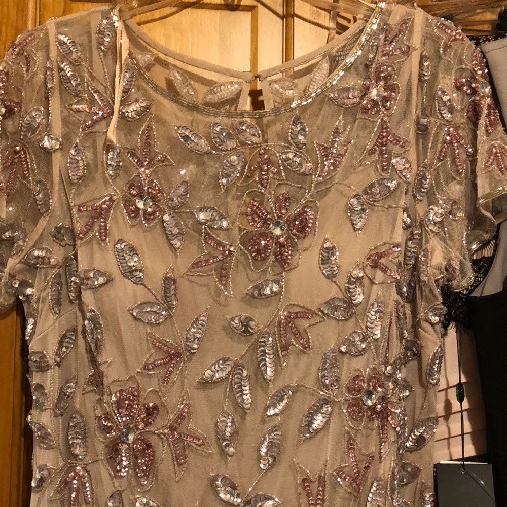 Adrianna Papell - floral beaded godet gown -Blush